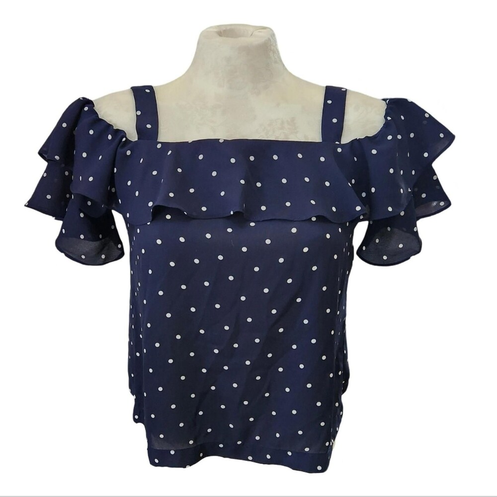 J.Crew Cold Shoulder Ruffle Blouse Navy White Polka Dot Silk Feel Top Size 10 - Picture 2 of 8